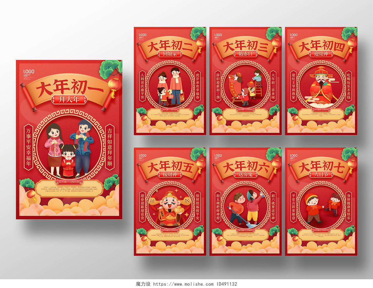 红色初一拜大年春节习俗手机宣传海报初一至初七套图2022新年虎年春节习俗